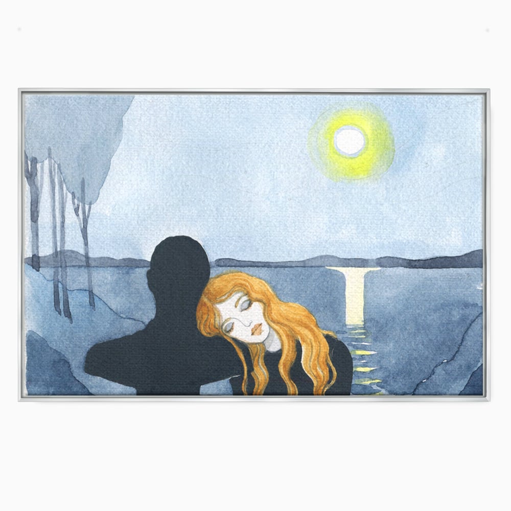 Tablou canvas cu pictura cu un cuplu langa lac, in rama de aluminiu argintiu